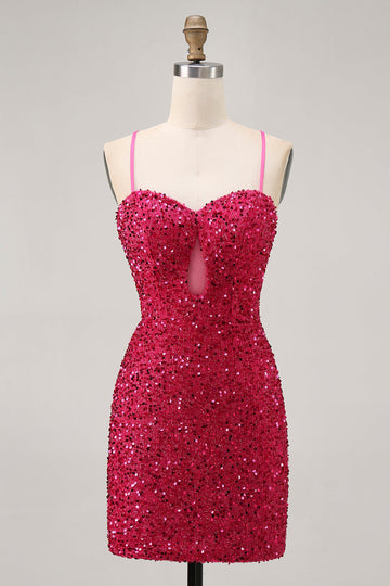 Sparkly Fuchsia Keyhole Bodycon Homecoming Dress